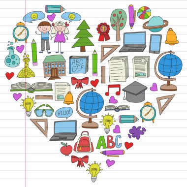 Geri okul simgeleri doodle tarzı vektör kümesi. Beyaz arka plan üzerinde doğrusal bir kağıda boyanmış, renkli, resimleri.