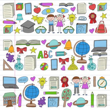 Geri okul simgeleri doodle tarzı vektör kümesi. Beyaz arka plan üzerinde doğrusal bir kağıda boyanmış, renkli, resimleri.
