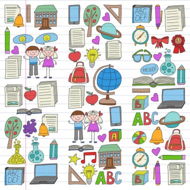 Geri okul simgeleri doodle tarzı vektör kümesi. Beyaz arka plan üzerinde doğrusal bir kağıda boyanmış, renkli, resimleri.