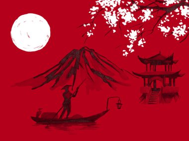 Japonya geleneksel sumi-e boyama. Suluboya ve mürekkep çizim stili sumi-e, u-sin. Fuji Dağı, sakura, günbatımı. Japonya güneş. Hint mürekkebi çizimde. Japon resim, kırmızı arka plan.