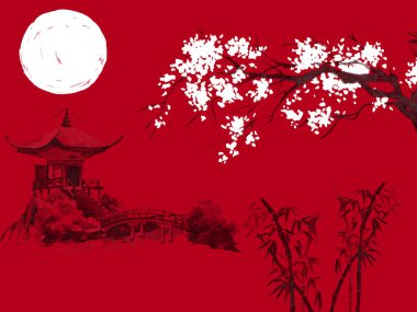 Japonya geleneksel sumi-e boyama. Suluboya ve mürekkep çizim stili sumi-e, u-sin. Fuji Dağı, sakura, günbatımı. Japonya güneş. Hint mürekkebi çizimde. Japon resim, kırmızı arka plan.