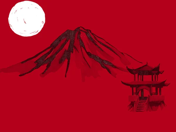 Japón tradicional sumi-e pintura. Acuarela e ilustración de tinta en estilo sumi-e, u-sin. Montaña Fuji, sakura, puesta de sol. Japón sol. Ilustración de tinta india. Imagen japonesa, fondo rojo . — Foto de Stock