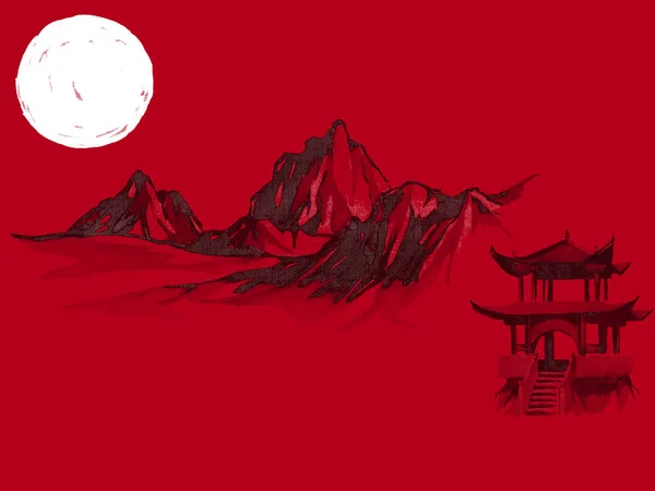 Japan traditional sumi-e painting. Watercolor and ink illustration in style sumi-e, u-sin. Fuji mountain, sakura, sunset. Japan sun. Indian ink illustration. Japanese picture, red background.