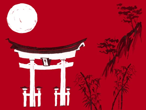 Japan traditionella sumi-e målning. Akvarell och tusch illustration i stil sumi-e, u-synden. Fuji berget, sakura, solnedgång. Japan solen. Indian ink illustration. Japanska bild, röd bakgrund. — Stockfoto