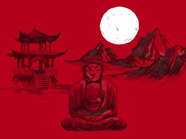 日本传统的相美画。水彩和水墨插图的风格 sumi-e, u-sin。富士山、樱花、日落。日本太阳。印第安墨水例证。日本图片, 红色背景. — 图库照片