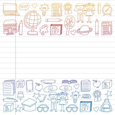 Geri okul simgeleri doodle tarzı vektör kümesi. Boyalı, renkli, beyaz arka plan üzerinde lineer kağıt parçası üzerinde gradyan.