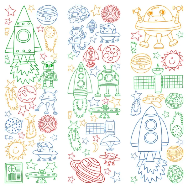 Διάνυσμα σύνολο χώρο στοιχεία εικονίδια στο στυλ της doodle. Εικόνες ζωγραφισμένα, πολύχρωμα, σε ένα κομμάτι χαρτί σε λευκό φόντο. — Διανυσματικό Αρχείο