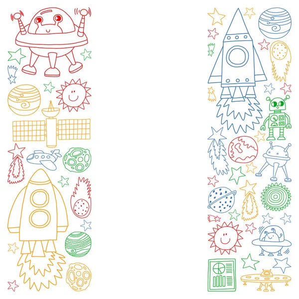 Conjunto vectorial de iconos de elementos espaciales en estilo doodle. Pintado, colorido, imágenes en un pedazo de papel sobre fondo blanco . — Vector de stock