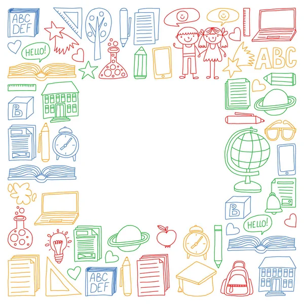 Ensemble vectoriel d'icônes de retour à l'école dans le style doodle. Peint, coloré, images sur un morceau de papier sur fond blanc . — Image vectorielle