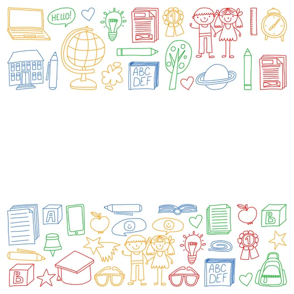 Vector set of Back to School icons in doodle style. Painted, colorful, pictures on a piece of paper on white background. — Stock Vector