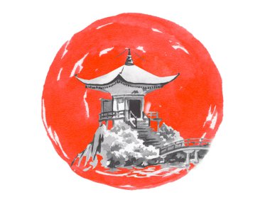 Geleneksel Japon sumi tablosu. Fuji dağı, sakura, gün batımı. Japon güneşi. Hint mürekkebi çizimi. Japonca resim.