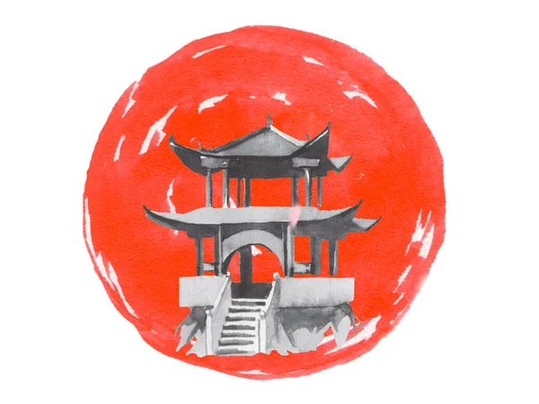Japan traditional sumi-e painting. Fuji mountain, sakura, sunset. Japan sun. Indian ink illustration. Japanese picture.