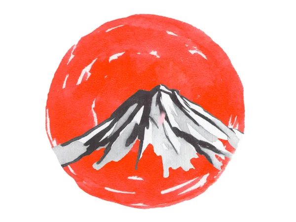 Japan traditionell sumi-e målning. Fuji berg, sakura, solnedgång. Japansk sol. Indisk bläckillustration. Japansk bild. — Stockfoto