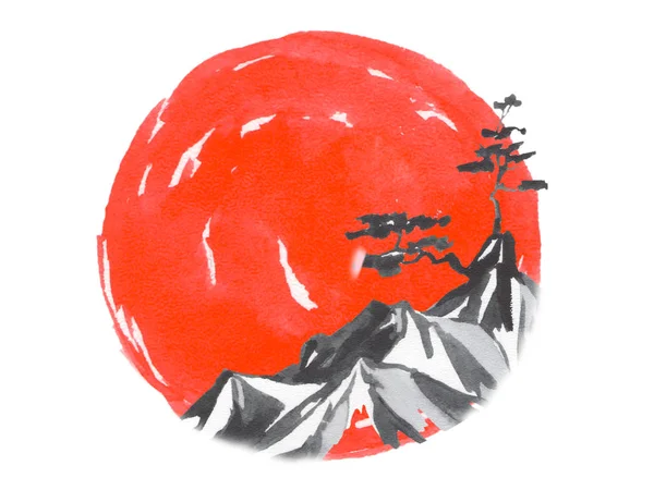 Japan traditional sumi-e painting. Fuji mountain, sakura, sunset. Japan sun. Indian ink illustration. Japanese picture.