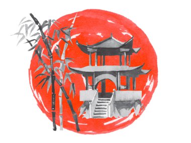 Geleneksel Japon sumi tablosu. Fuji dağı, sakura, gün batımı. Japon güneşi. Hint mürekkebi çizimi. Japonca resim.