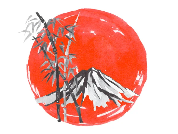 Japan traditional sumi-e painting. Fuji mountain, sakura, sunset. Japan sun. Indian ink illustration. Japanese picture.