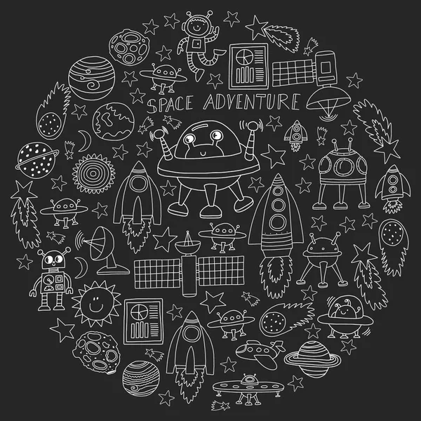 Conjunto vectorial de iconos de elementos espaciales en estilo doodle. Pintado, monocromo negro, cuadros de tiza en una pizarra . — Vector de stock