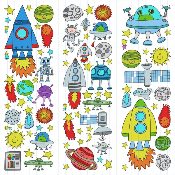 Vector set of space elements icons in doodle style. Painted, colorful, on a sheet of checkered paper on a white background. — Stock Vector