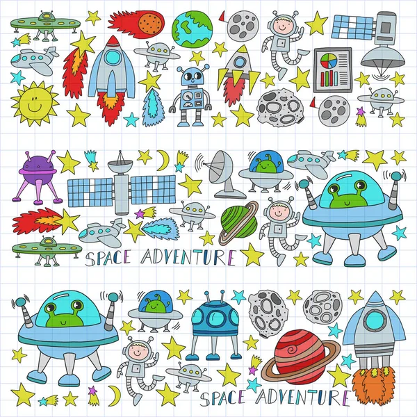 Vector set of space elements icons in doodle style. Painted, colorful, on a sheet of checkered paper on a white background. — Stock Vector