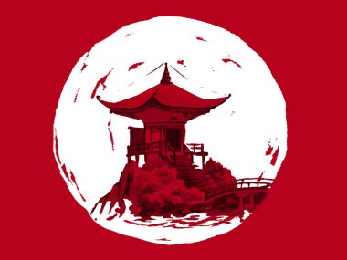 Geleneksel Japon sumi tablosu. Fuji dağı, sakura, gün batımı. Japon güneşi. Hint mürekkebi çizimi. Japonca resim.