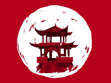 Geleneksel Japon sumi tablosu. Fuji dağı, sakura, gün batımı. Japon güneşi. Hint mürekkebi çizimi. Japonca resim.