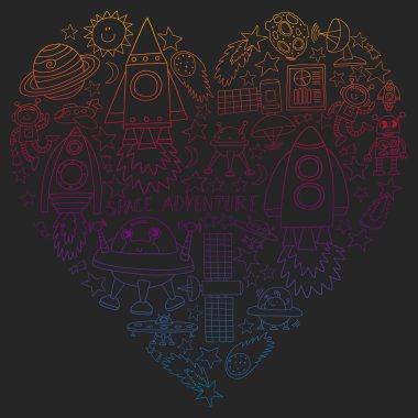 Doodle tarzı alanı öğeleri simgelerin vektör kümesi. Boyalı, renkli, degrade resimlerin kağıda yazı tahtası üzerinde.