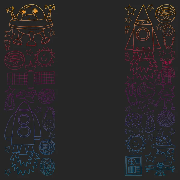 Conjunto vectorial de iconos de elementos espaciales en estilo doodle. Cuadros pintados, coloridos, degradados en un pedazo de papel en pizarra . — Vector de stock