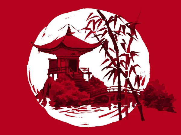 Geleneksel Japon sumi tablosu. Fuji dağı, sakura, gün batımı. Japon güneşi. Hint mürekkebi çizimi. Japonca resim.