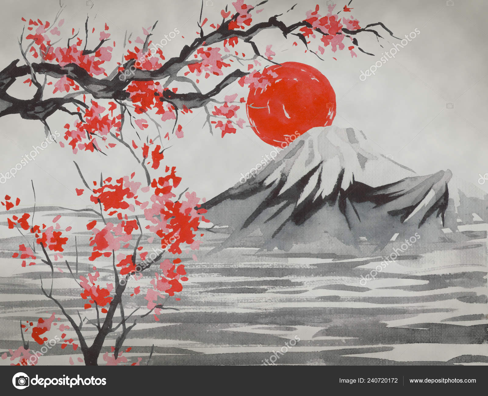 Japan traditional sumi-e painting. Watercolor and ink illustration in style  sumi-e, u-sin. Fuji mountain, sakura, sunset. Japan sun. Indian ink  illustration. Japanese picture. Stock Illustration by ©exte-z@mail.ru  #240720242
