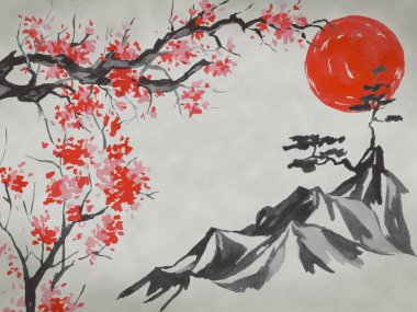 Japonya geleneksel sumi-e boyama. Suluboya ve mürekkep çizim stili sumi-e, u-sin. Fuji Dağı, sakura, günbatımı. Japonya güneş. Hint mürekkebi çizimde. Japon resim.