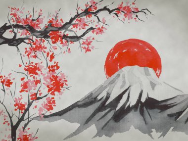 Japonya geleneksel sumi-e boyama. Suluboya ve mürekkep çizim stili sumi-e, u-sin. Fuji Dağı, sakura, günbatımı. Japonya güneş. Hint mürekkebi çizimde. Japon resim
