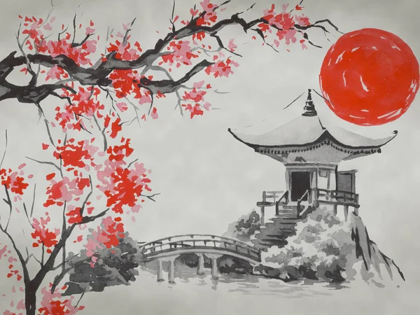 Japón tradicional sumi-e pintura. Acuarela e ilustración de tinta en estilo sumi-e, u-sin. Montaña Fuji, sakura, puesta de sol. Japón sol. Ilustración de tinta india. Imagen japonesa . — Foto de Stock