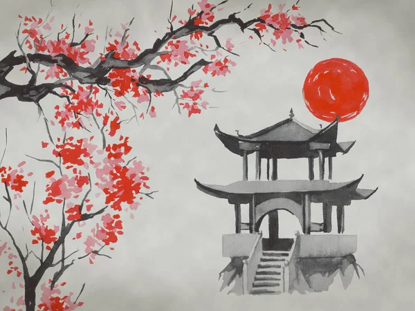 Japan traditional sumi-e painting. Watercolor and ink illustration in style sumi-e, u-sin. Fuji mountain, sakura, sunset. Japan sun. Indian ink illustration. Japanese picture. — Stock Photo, Image