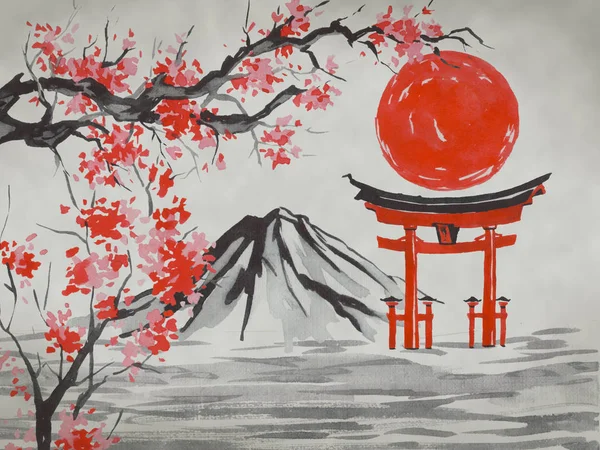 Giappone tradizionale pittura sumi-e. Illustrazione acquerello e inchiostro in stile sumi-e, u-sin. Montagna Fuji, sakura, tramonto. Sole giapponese. Illustrazione inchiostro indiano. Immagine giapponese . — Foto Stock