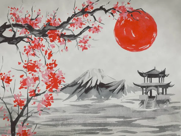 Japan traditional sumi-e painting. Watercolor and ink illustration in style sumi-e, u-sin. Fuji mountain, sakura, sunset. Japan sun. Indian ink illustration. Japanese picture.