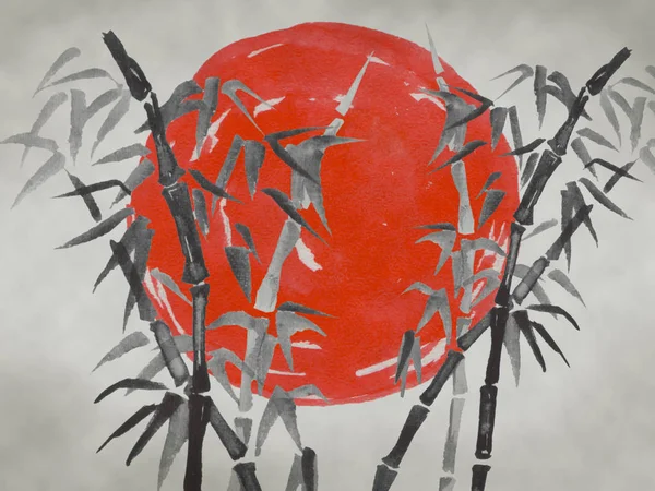 Japan traditional sumi-e painting. Watercolor and ink illustration in style sumi-e, u-sin. Fuji mountain, sakura, sunset. Japan sun. Indian ink illustration. Japanese picture.