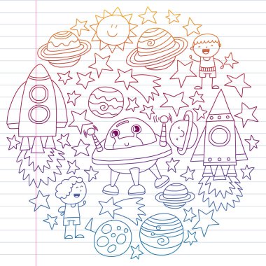 Doodle tarzı alanı öğeleri simgelerin vektör kümesi. Boyalı, beyaz bir arka plan üzerinde Kareli kağıt üzerine bir kalemle çizilmiş.