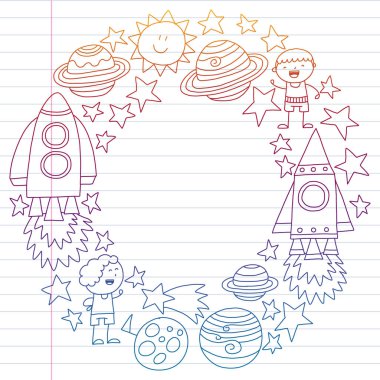 Doodle tarzı alanı öğeleri simgelerin vektör kümesi. Boyalı, beyaz bir arka plan üzerinde Kareli kağıt üzerine bir kalemle çizilmiş.