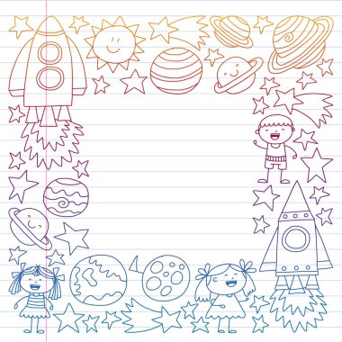 Doodle tarzı alanı öğeleri simgelerin vektör kümesi. Boyalı, beyaz bir arka plan üzerinde Kareli kağıt üzerine bir kalemle çizilmiş.