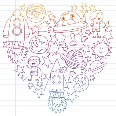 Doodle tarzı alanı öğeleri simgelerin vektör kümesi. Boyalı, beyaz bir arka plan üzerinde Kareli kağıt üzerine bir kalemle çizilmiş.