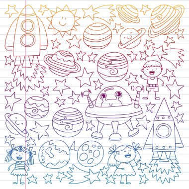 Doodle tarzı alanı öğeleri simgelerin vektör kümesi. Boyalı, beyaz bir arka plan üzerinde Kareli kağıt üzerine bir kalemle çizilmiş.