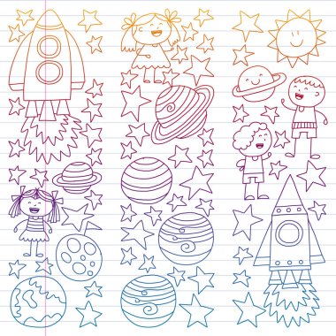 Doodle tarzı alanı öğeleri simgelerin vektör kümesi. Boyalı, beyaz bir arka plan üzerinde Kareli kağıt üzerine bir kalemle çizilmiş.