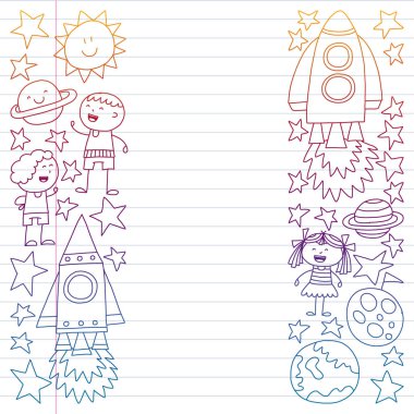 Doodle tarzı alanı öğeleri simgelerin vektör kümesi. Boyalı, beyaz bir arka plan üzerinde Kareli kağıt üzerine bir kalemle çizilmiş.