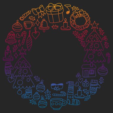 Vektör Noel ayarla, stil tatil simgeleri doodle. Boyalı, renkli, degrade resimlerin kağıda yazı tahtası üzerinde.