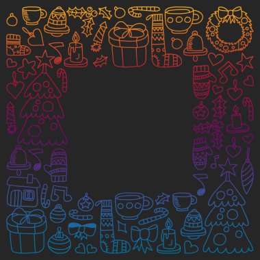 Vektör Noel ayarla, stil tatil simgeleri doodle. Boyalı, renkli, degrade resimlerin kağıda yazı tahtası üzerinde.