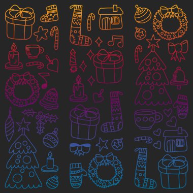 Vektör Noel ayarla, stil tatil simgeleri doodle. Boyalı, renkli, degrade resimlerin kağıda yazı tahtası üzerinde.