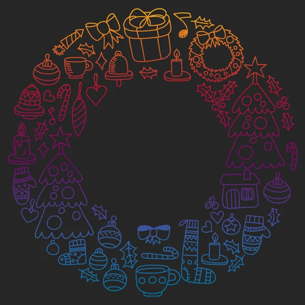 Vektör Noel ayarla, stil tatil simgeleri doodle. Boyalı, renkli, degrade resimlerin kağıda yazı tahtası üzerinde.