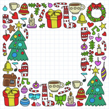 Vektör Noel ayarla, stil tatil simgeleri doodle. Boyalı, renkli, beyaz bir arka plan üzerinde Kareli kağıt üzerine bir.