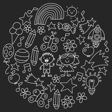 Çocuk Bahçesi, tek renkli çizilmiş çocuk bahçe elemanları desen el, illüstrasyon, vektör, illüstrasyon, dikey doodle