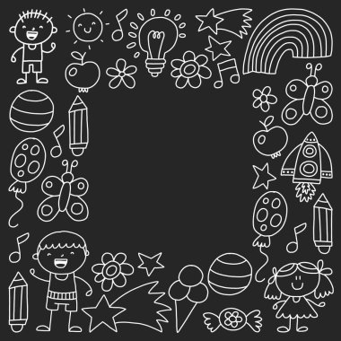 Çocuk Bahçesi, tek renkli çizilmiş çocuk bahçe elemanları desen el, illüstrasyon, vektör, illüstrasyon, dikey doodle